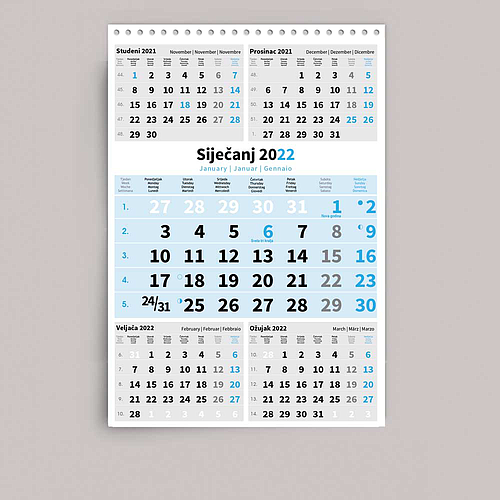 KALENDAR TRODJELNI POSLOVNI PLAVI 5 mj. plavo/crni, 80gr, spiral., pok, vrećica "NZ"