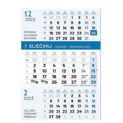 Kalendar trodjelni poslovni "PLAVI A4"  12 L 21x29,7cm, nad21x15cm 90 gr, pok, vrećica "NZ"