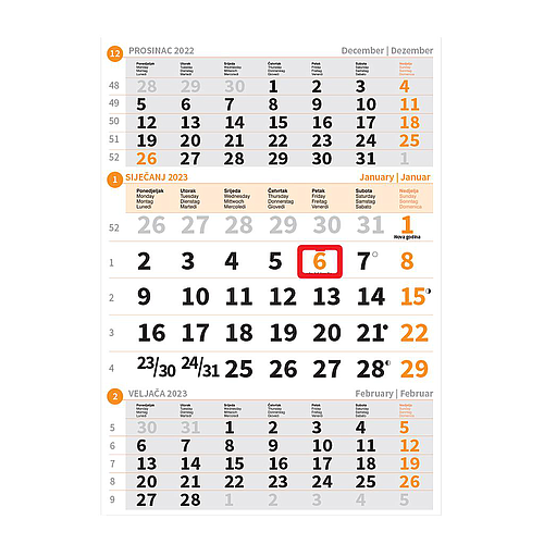 Kalendar trodjelni tromjesečni "NARANČASTI"  12 L 29,5X42cm, nad29,5X20cm 90 gr, pok, vrećica  NZ