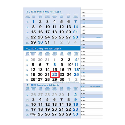 "Poslovni PLAVI planer" three month calendar, 12 sheets, format: 29,5x62cm, PVC bag, date indicator, P/50, NOT BOUND